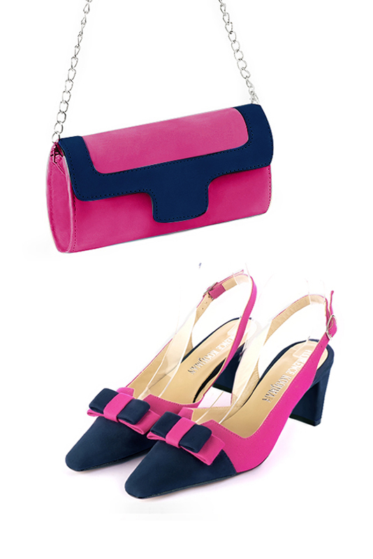 Fuschia pink and navy blue women's dress clutch, for weddings, ceremonies, cocktails and parties. Worn view - Florence KOOIJMAN